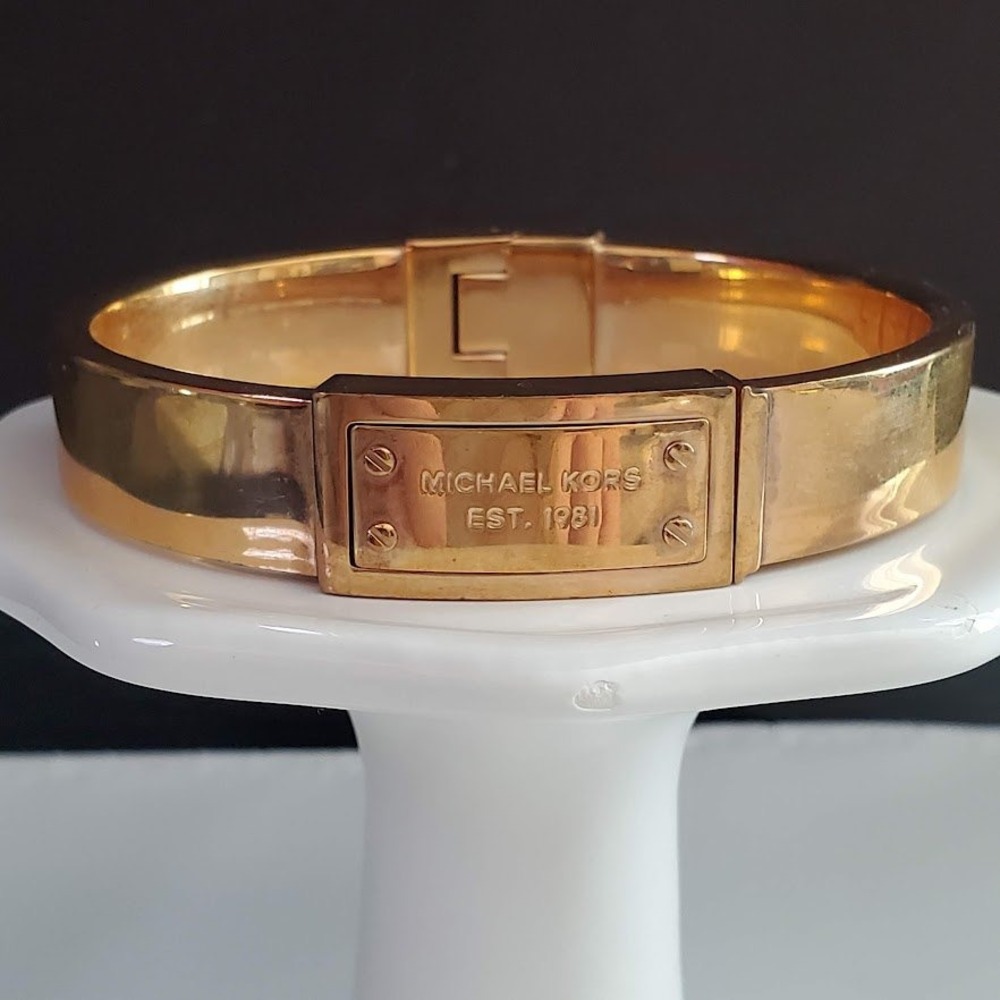 Michael Kors Rose Gold Tone Logo Plate Hinge Bangle Bracelet EST 1981